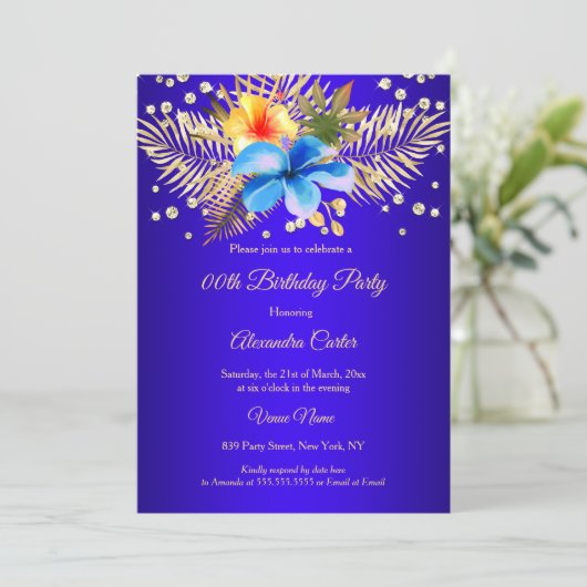 ブルー王室のイエロー金ゴールドフローラ誕生日パーティー 招待状 (スタンド正面)