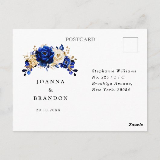 ブルー王室のイエロー金ゴールドメタリックウェディングRSVP ポストカード (裏面)