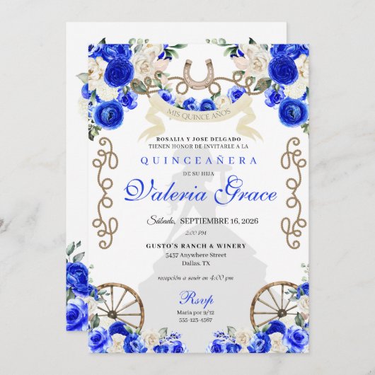 ブルー王室のウエスタン素朴チャロウィメンキンセアニラ 招待状 (正面/裏面)