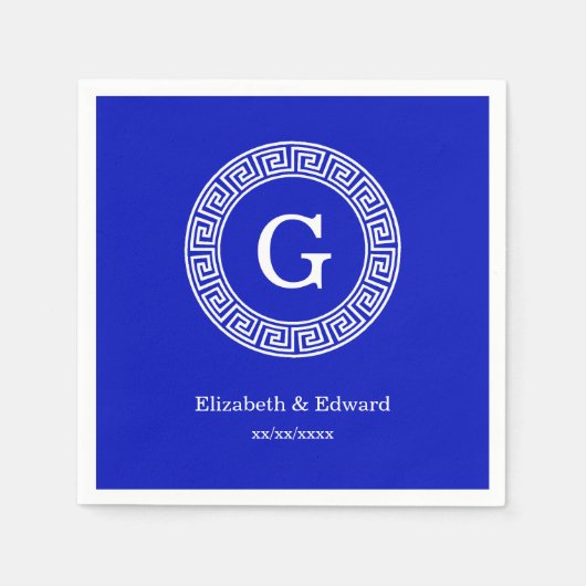 ブルー王室のウエットギリシャ鍵ランフレームイニシャルモノグラム スタンダードカクテルナプキン (正面)