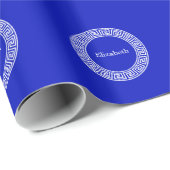 ブルー王室のウエットギリシャ鍵ランフレームイニシャルモノグラム ラッピングペーパー (ロールコーナー)