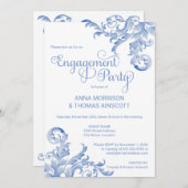 ブルー王室のウォーターカラーフローリッシュ婚約パーティ 招待状 (正面/裏面)