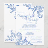 ブルー王室のウォーターカラーフローリッシュ婚約パーティ 招待状 (正面/裏面)