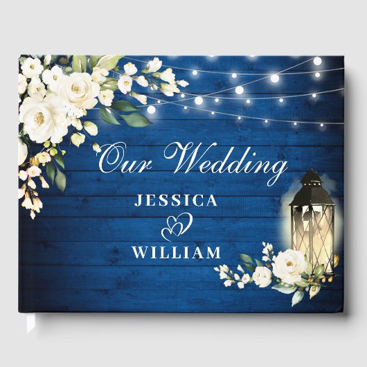 ブルー王室のウッドホワイトローズ結婚フローラ素朴ズ ゲストブック (正面)