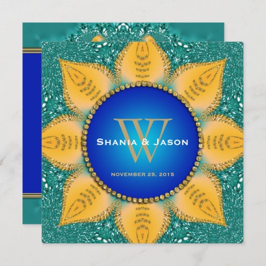 ブルー王室のオレンジヒマワリティール（緑がかった色）グリッター 招待状 (正面/裏面)