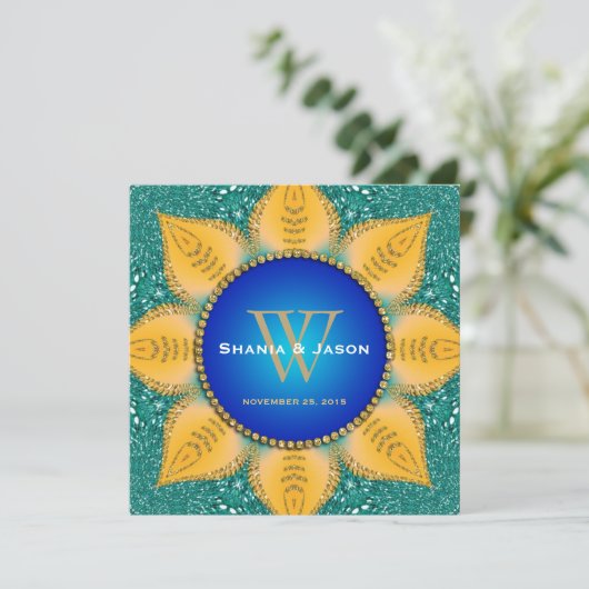 ブルー王室のオレンジヒマワリティール(緑がかった色)グリッター 招待状 (スタンド正面)