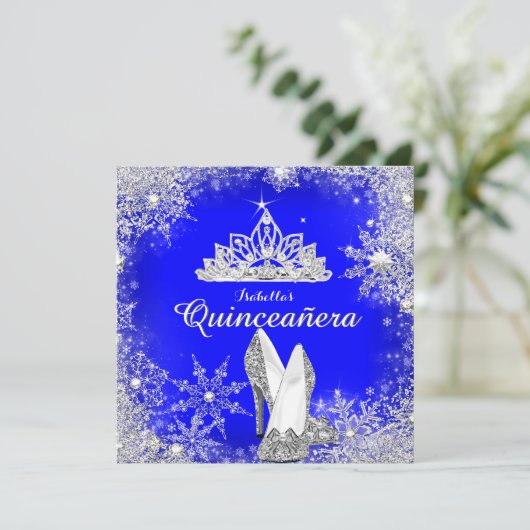 ブルー王室のキンセアニェラシルバーティアラ15誕生日 招待状 (スタンド正面)