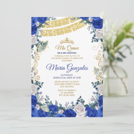 ブルー王室のキンセアニェラメキシコガール15誕生日 招待状 (スタンド正面)