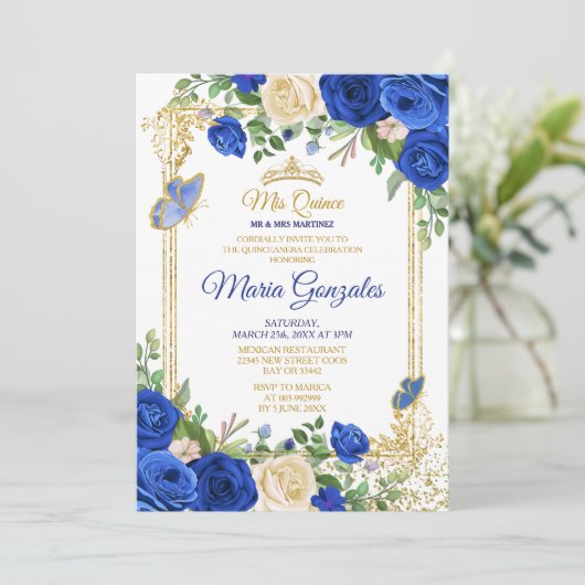 ブルー王室のキンセアニェラメキシコガール15誕生日 招待状 (スタンド正面)