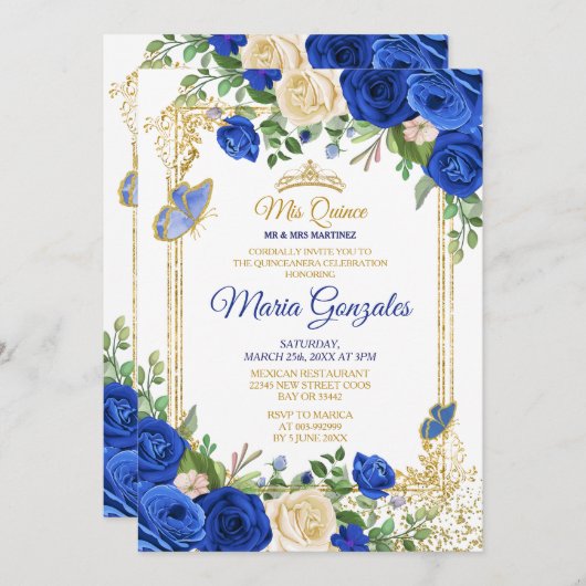 ブルー王室のキンセアニェラメキシコガール15誕生日 招待状 (正面/裏面)