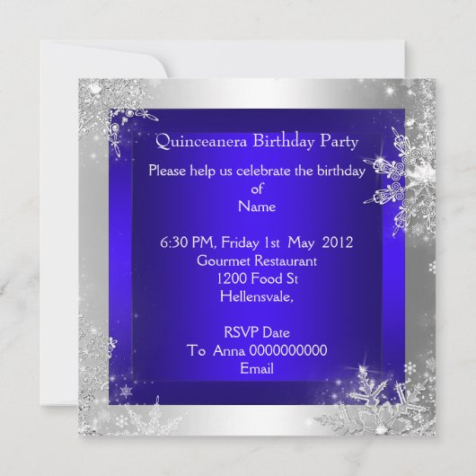 ブルー王室のキンセアニェラ15thエリートエレガント誕生日 招待状 (裏面)