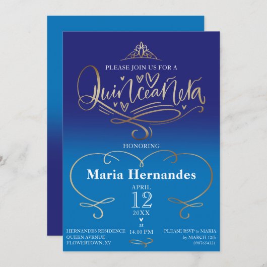 ブルー王室のキンセアニラ招待状テンプレート 招待状 (正面/裏面)