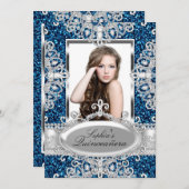 ブルー王室のグリッターダイヤモンドグラマーキンセアニェラ 招待状 (正面/裏面)