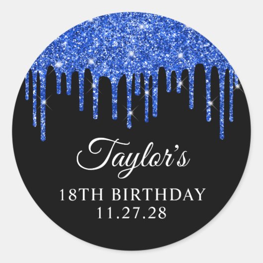 ブルー王室のグリッタードリップスオンブラック18誕生日 ラウンドシール (正面)