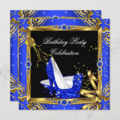 ブルー王室のグリッターハイヒールシューズ金ゴールドブラック 招待状 (正面/裏面)