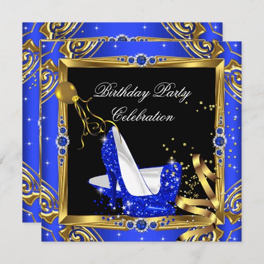 ブルー王室のグリッターハイヒールシューズ金ゴールドブラック 招待状 (正面/裏面)
