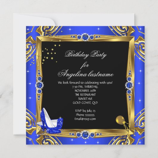 ブルー王室のグリッターハイヒールシューズ金ゴールドブラック 招待状 (裏面)