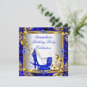 ブルー王室のグリッターハイヒールシューズ金ゴールドホワイトシルク 招待状 (スタンド正面)