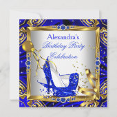 ブルー王室のグリッターハイヒールシューズ金ゴールドホワイトシルク 招待状 (正面)