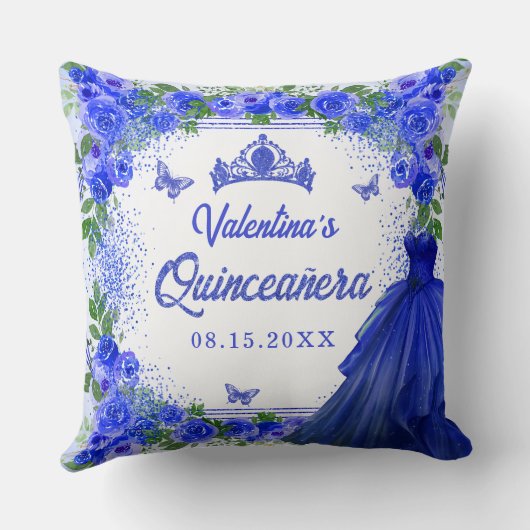 ブルー王室のグリッターフローラキンセアニェラパーティー クッション (裏面)