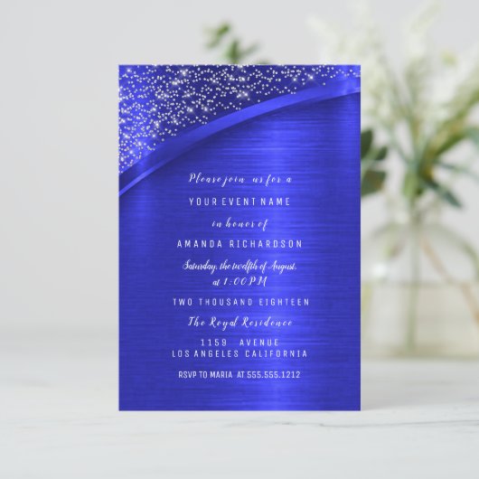 ブルー王室のグリッターブライダルシャワー誕生日 招待状 (スタンド正面)