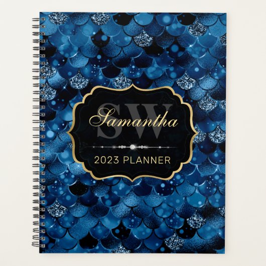 ブルー王室のグリッターマーメイドフィッシュモノグラはかりで測ム プランナー手帳 (正面)