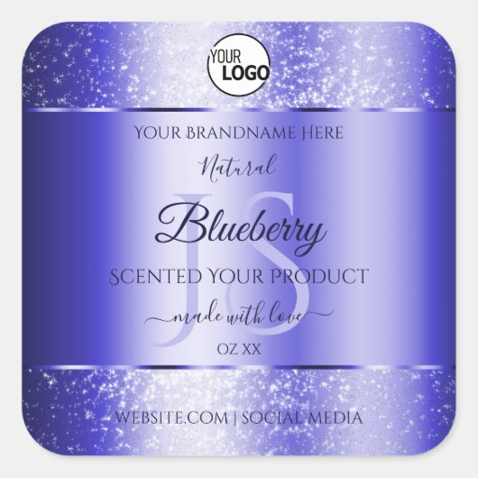 ブルー王室のグリッター製品ラベルモノグラムロゴ スクエアシール (正面)