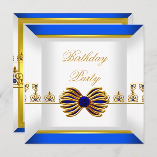 ブルー王室のサファイアジェムジュエル金ゴールド誕生日パーティー 招待状 (正面/裏面)