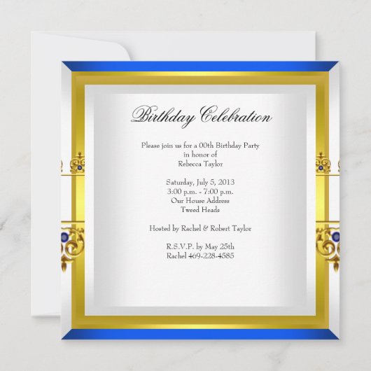 ブルー王室のサファイアジェムジュエル金ゴールド誕生日2 招待状 (裏面)