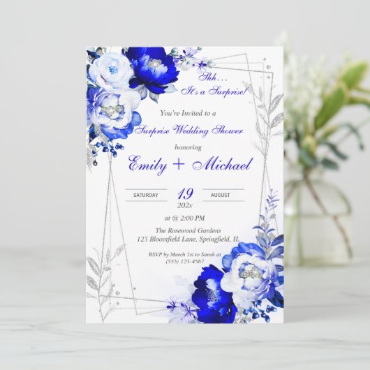 ブルー王室のサプパーソナライズされたライズウェディングシャワー 招待状 (スタンド正面)