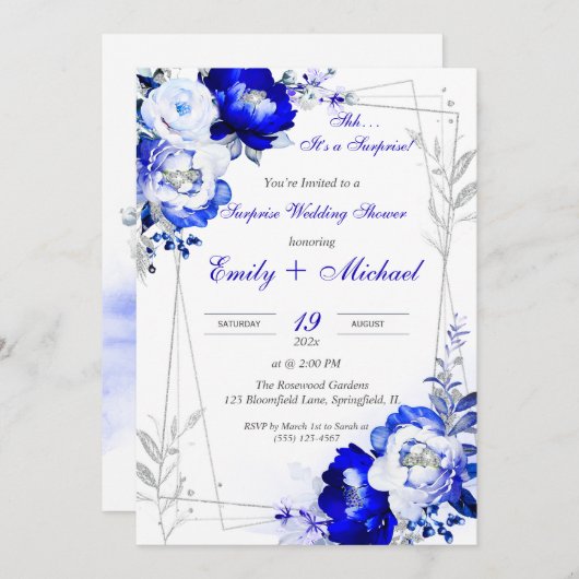 ブルー王室のサプパーソナライズされたライズウェディングシャワー 招待状 (正面/裏面)