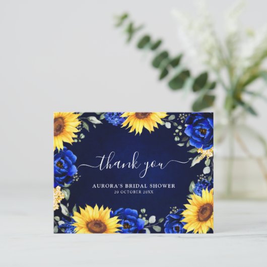 ブルー王室のサンフラワーブライダルシャワーサンキューポスト ポストカード (スタンド正面)