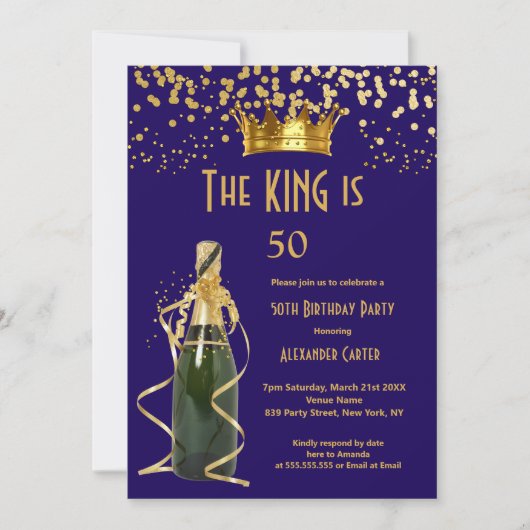 ブルー王室のシャンパンメンズキング誕生日パーティー 招待状 (正面)