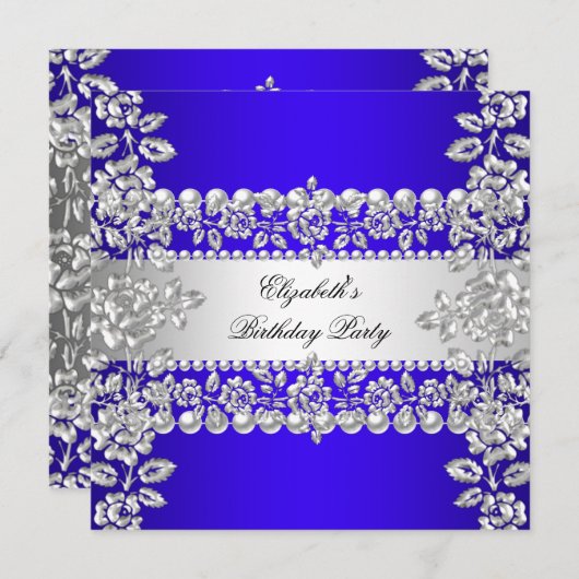 ブルー王室のシルバエレガントーフローラ誕生会 招待状 (正面/裏面)