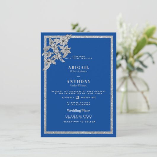 ブルー王室のシルバーグリッタースタイリッシュ結婚フローラ 招待状 (スタンド正面)