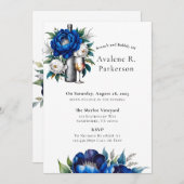 ブルー王室のシルバーグリッター牡丹ブランチ&バブリー 招待状 (正面/裏面)