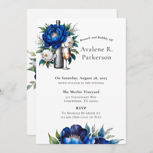 ブルー王室のシルバーグリッター牡丹ブランチ&バブリー 招待状 (正面/裏面)