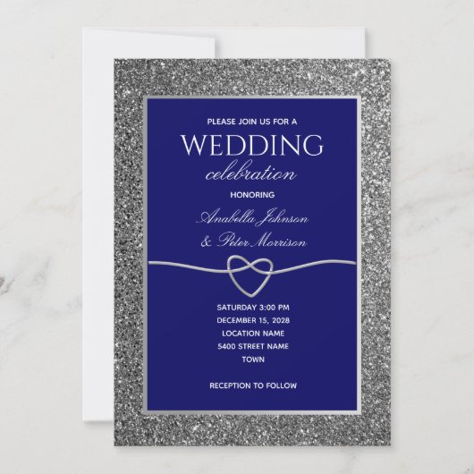 ブルー王室のシルバーグリッター結婚ズ 招待状 (正面)