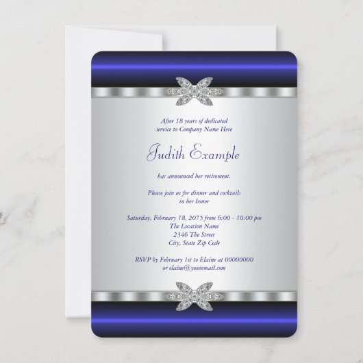ブルー王室のシルバーダイヤモンド女性退職パーティー 招待状 (裏面)