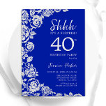 ブルー王室のシルバーバラサプライズ40th誕生日 招待状<br><div class="desc">ブルー王室のフローラサプライズ40歳の誕生日パーティの招待状。デザインエレガントはバラ、銀フェイク箔、タイポグラフィスクリプトフォントを搭載。トレンディー招待状カードは女性の日スタイリッシュお祝いに最適。任意のカスタマイズ年齢にすることができる。印刷されたZazzle招待状または即時ダウンロードのデジタル印刷可能なテンプレート。</div>