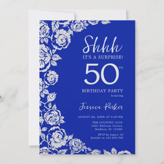 ブルー王室のシルバーバラサプライズ50誕生日 招待状 (正面)
