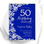 ブルー王室のシルバーバラ50th誕生日パーティー 招待状<br><div class="desc">ブルー王室のシルバーフローラ50th birthday party invitation.デザインエレガントはバラ、銀フェイク箔、タイポグラフィスクリプトフォントを搭載。トレンディー招待状カードは女性の日スタイリッシュお祝いに最適。任意のカスタマイズ年齢にすることができる。印刷されたZazzle招待状または即時ダウンロードのデジタル印刷可能なテンプレート。</div>