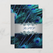 ブルー王室のシルバーピーコックウェディングRSVP 出欠カード (正面/裏面)