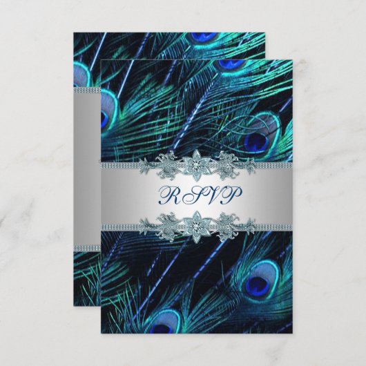 ブルー王室のシルバーピーコックウェディングRSVP 出欠カード (正面/裏面)