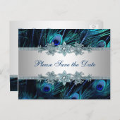 ブルー王室のシルバーピーコック結婚式の日付を保存 案内ポストカード (正面/裏面)