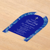 ブルー王室のシルバーファースト聖餐式エレガント アクリル招待状 (レイダウン)