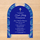 ブルー王室のシルバーファースト聖餐式エレガント アクリル招待状 (正面)