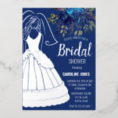 ブルー王室のシルバーフォイルフローラドレスブライダルシャワー 箔招待状 (正面)