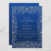 ブルー王室のシルバーフローラキンセアニラスウィート15 招待状 (正面/裏面)