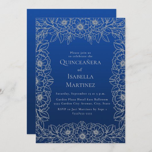 ブルー王室のシルバーフローラキンセアニラスウィート15 招待状 (正面/裏面)